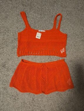Vibrant Orange Crochet Two-Piece Swim Coverup Set